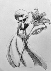 Rule 34 | #b7282e, 1girl, absurdres, bob cut, colored skin, creatures (company), female focus, flat chest, flower, full body, game freak, gardevoir, gen 3 pokemon, greyscale, highres, holding, holding flower, lily (flower), looking to the side, monochrome, multicolored skin, nintendo, no mouth, oversized object, pokemon, pokemon (creature), short hair, simple background, solo, standing, traditional media, two-tone skin, white background