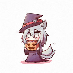 Rule 34 | 1girl, afterimage, alternate costume, animal ears, arknights, basket, black dress, blush, chibi, dress, grey eyes, grey hair, hair between eyes, halloween bucket, hat, hat ornament, holding, holding basket, jitome, long dress, long sleeves, no mouth, projekt red (arknights), pumpkin, simple background, solo, star (symbol), tail, tail wagging, twitter username, v-shaped eyebrows, white background, witch, witch hat, wolf ears, wolf girl, wolf tail, yodo rado