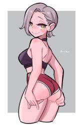 Rule 34 | 1girl, amazu (kurozu), ass grab, bare arms, bare shoulders, breasts, closed mouth, commentary, cropped legs, ear piercing, earrings, english commentary, from behind, grey background, grey hair, highres, jewelry, looking at viewer, looking back, medium breasts, piercing, red shorts, short shorts, shorts, simple background, smile, solo, two-tone background, white background, yellow eyes