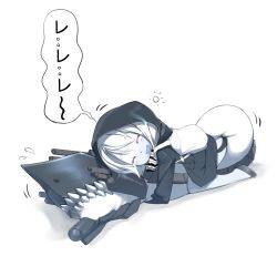 Rule 34 | 10s, 1girl, abyssal ship, backpack, bag, blvefo9, drooling, closed eyes, highres, hood, hooded jacket, hug, jacket, kantai collection, lying, monster, open mouth, pale skin, re-class battleship, short hair, sleeping, solo, sweatdrop, translated, turret, white hair