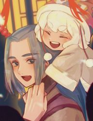 Rule 34 | 2boys, blush, child, closed eyes, grey hair, hat, luo xiaohei, luo xiaohei (human), luo xiaohei zhanji, multiple boys, open mouth, smile, solatky, upper body, white hair, wuxian (the legend of luoxiaohei)