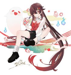 Rule 34 | 1girl, absurdres, black shorts, blouse, brown hair, casual, cup, drinking straw, earrings, fang, fashion, full body, genshin impact, ghost, hair ornament, hairclip, highres, hu tao (genshin impact), jewelry, long hair, long sleeves, looking at viewer, multicolored hair, open mouth, red eyes, red hair, shirt, shoes, shorts, slime (genshin impact), smile, smoothie, solo, two-tone hair, very long hair, zoo min