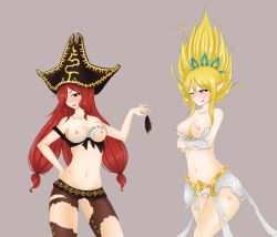 Rule 34 | 2girls, armor, bad id, bad pixiv id, bare shoulders, blonde hair, blue eyes, blush, breasts, breasts out, broken armor, bruise, covered erect nipples, crotchless, forscience, hair over one eye, hair up, hat, highres, injury, janna (league of legends), league of legends, licking lips, long hair, midriff, miss fortune (league of legends), multiple girls, navel, nipples, no panties, pointy ears, purple mii, pussy, red hair, simple background, tongue, tongue out, torn clothes, tri tails, uncensored