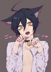 Rule 34 | 1boy, ahoge, animal ears, bell, black hair, brown background, cat ears, choker, collar, collarbone, collared shirt, commentary request, danganronpa (series), danganronpa v3: killing harmony, fang, fangs, hair between eyes, heart, highres, looking at viewer, male focus, nanin, neck bell, open clothes, open mouth, open shirt, paw pose, saihara shuichi, shirt, short hair, simple background, solo, translation request, upper body, white shirt, yellow eyes