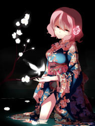 Rule 34 | 1girl, absurdres, bad id, bad pixiv id, bug, butterfly, female focus, flower, highres, bug, japanese clothes, kimono, partially submerged, petals, pink eyes, pink hair, ravie, saigyouji yuyuko, short hair, smile, solo, standing, touhou, wading, water