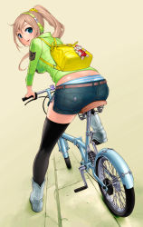 Rule 34 | 1girl, aqua eyes, ass, backpack, bag, bicycle, black thighhighs, boots, brown hair, clothes tag, clothing tag, cowboy boots, highres, original, panties, ponytail, red-p, short shorts, shorts, solo, striped clothes, striped panties, thighhighs, underwear