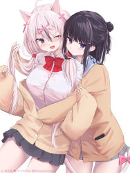 Rule 34 | 2girls, :3, absurdres, ahoge, amatou (ko me 9), animal ears, black hair, black skirt, blush, bow, bowtie, breasts, cardigan, cat ears, cat girl, cat tail, cellphone, collared shirt, cowboy shot, cross hair ornament, grey skirt, hair between eyes, hair bun, hair ornament, hairclip, highres, holding another&#039;s hair, hug, hug from behind, large breasts, long hair, long sleeves, looking at viewer, low twintails, multicolored hair, multiple girls, off shoulder, one eye closed, open mouth, original, phone, pink bow, pink hair, pink shirt, pleated skirt, purple eyes, red bow, sailor collar, school uniform, shirt, simple background, skirt, sleeves past wrists, smartphone, smile, streaked hair, sweatdrop, tail, tail bow, tail ornament, thighs, twintails, white background, x hair ornament, yuri