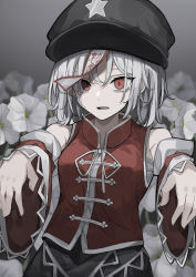 Rule 34 | 1girl, absurdres, black hat, black skirt, cabbie hat, chinese clothes, fang, flower, grey background, hat, hat ornament, highres, hisha (kan moko), jiangshi, long sleeves, looking at viewer, miyako yoshika, ofuda, open mouth, outstretched arms, red eyes, short hair, simple background, skirt, solo, star (symbol), star hat ornament, tangzhuang, touhou, upper body, white flower, white hair