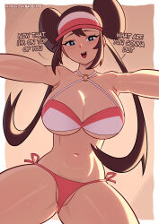 Rule 34 | 1girl, absurdres, all fours, bare shoulders, bikini, blue eyes, breasts, brown background, brown hair, cleavage, collarbone, creatures (company), double bun, english text, from below, game freak, gradient background, hair bun, highres, large breasts, long hair, looking at viewer, navel, nintendo, open mouth, pokemon, pokemon bw2, red bikini, rosa (pokemon), satelyte, side-tie bikini bottom, simple background, smile, solo, swimsuit, text focus, twintails, visor cap