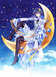 Rule 34 | 10s, 1boy, bad id, bad pixiv id, blue eyes, blue hair, boots, carnelian, cloak, crescent, crescent moon, frilled sleeves, frills, full body, ichinose tokiya, knee up, long sleeves, looking at viewer, microphone, moon, on crescent, sitting, sky, star (sky), starry sky, thigh boots, thighhighs, uta no prince-sama