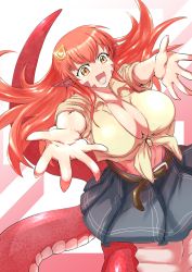 Rule 34 | 1girl, belt, breasts, front-tie top, hair between eyes, hair ornament, hairclip, happy, highres, hug, incoming hug, jewelry, lamia, large breasts, long hair, midriff, miia (monster musume), miniskirt, monster girl, monster musume no iru nichijou, navel, no bra, open hands, open mouth, pleated skirt, pointy ears, red hair, scales, shirt, simple background, skirt, slit pupils, solo, tail, tied shirt, yellow eyes, zetsu (zyej5442)
