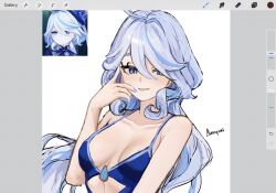 Rule 34 | 1girl, ahoge, art program in frame, bare arms, bare shoulders, blue eyes, blue hair, blue one-piece swimsuit, breasts, bunnyoki, commentary, furina (genshin impact), genshin impact, grin, hand up, highres, long hair, looking at viewer, medium breasts, multiple views, one-piece swimsuit, procreate (medium), procreate (software), smile, swimsuit, unfinished, upper body, very long hair