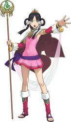 Rule 34 | 1girl, absurdres, ace attorney, armpits, black hair, boots, bow, cape, detached sleeves, facial mark, feet, female focus, flat chest, forehead mark, full body, fuse takuro, green eyes, hair rings, highres, jewelry, knee boots, looking at viewer, miniskirt, official art, phoenix wright: ace attorney - spirit of justice, pink skirt, purple bow, rayfa padma khura&#039;in, red footwear, sandals, sash, shakujou, sidelocks, skirt, solo, staff, standing, tattoo, tiara, toeless footwear, toeless legwear, toes, transparent background, waist bow