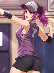 Rule 34 | 1girl, airisubaka, armpit crease, armpits, ass, bandaid, bandaid on cheek, bandaid on face, bare shoulders, baseball cap, black shorts, blurry, blurry background, breasts, brown eyes, commentary, cowboy shot, elbow pads, english commentary, hat, highres, indoors, large breasts, leah (airisubaka), open mouth, original, outstretched arm, ponytail, purple hair, shirt, shorts, signature, sleeveless, sleeveless shirt, solo, sweat