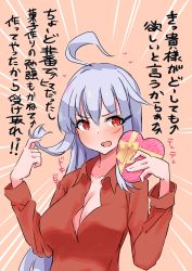 Rule 34 | 1girl, ahoge, alternate sleeve length, box, breasts, cleavage, commentary request, dress shirt, emphasis lines, facial scar, gangut (kancolle), grey hair, heart-shaped box, highres, kantai collection, komb, long hair, long sleeves, looking at viewer, medium breasts, open clothes, open mouth, open shirt, pink background, red eyes, red shirt, scar, scar on cheek, scar on face, shirt, solo, translation request, upper body