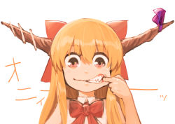 Rule 34 | 1girl, blonde hair, bow, bowtie, fangs, grin, hair bow, highres, horn ornament, horn ribbon, horns, ibuki suika, long hair, looking at viewer, mouth pull, oni horns, red eyes, ribbon, sen (daydream 53), simple background, sleeveless, smile, solo, straight hair, touhou, upper body, white background