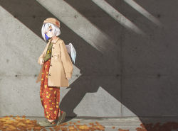Rule 34 | 1girl, absurdres, amane kanata, angel wings, autumn leaves, blue eyes, blue hair, blush, brown hat, brown jacket, camera, camera around neck, colored inner hair, commentary request, daidai (daidai826), eyes visible through hair, green shirt, grey footwear, hair ornament, hairclip, hat, highres, hololive, jacket, long sleeves, looking at viewer, multicolored hair, open clothes, open jacket, pants, parted lips, print pants, red pants, shirt, shoes, short hair, sleeves past wrists, solo, standing, virtual youtuber, white hair, wide shot, wings