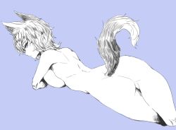Rule 34 | 1girl, animal ears, arm support, ass, blue background, blue hair, blue theme, breasts, large breasts, looking back, lying, mason 69, monochrome, nude, on stomach, original, profile, short hair, shoulder blades, simple background, sketch, solo, tail