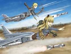 Rule 34 | 6+girls, animal ears, attack aircraft, blonde hair, blue eyes, commentary request, high-explosive anti-tank (warhead), interdictor, kh-23 grom, kh-25, man-portable anti-tank systems, missile, multiple girls, night fighter, panties, panties under pantyhose, pantyhose, rocket-propelled grenade, rocket (projectile), rocket launcher, rpg, rpg-7, rpg (weapon), strike witches, strike witches 1991, striker unit, su-24, tail, tom-neko (zamudo akiyuki), underwear, uniform, weapon, world witches series