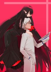 Rule 34 | 1boy, 1girl, amakusa shirou (fate), black dress, black hair, commentary request, cosplay, dress, fate (series), formal, gloves, hand in pocket, hat, highres, holding, holding clothes, holding hat, long dress, long hair, nana musume, oryou (fate), oryou (fate) (cosplay), pleated dress, pointy ears, sakamoto ryouma (fate), sakamoto ryouma (fate) (cosplay), scarf, semiramis (fate), spiked hair, suit, unworn hat, unworn headwear, very long hair, white gloves, white hair, white hat, white suit