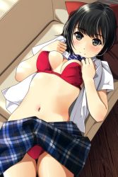 Rule 34 | 1girl, black eyes, black hair, blue skirt, blush, bow, bowtie, bra, breast press, breasts, breasts apart, closed mouth, commentary request, couch, covered erect nipples, day, from above, green eyes, hair bow, hands on own chest, highres, indoors, long hair, looking at viewer, looking up, lying, matsunaga kouyou, medium breasts, navel, on back, on couch, open clothes, open shirt, original, panties, pantyshot, pillow, plaid, plaid skirt, red bow, red bra, red panties, shiny skin, shirt, short sleeves, skirt, smile, solo, stomach, striped bow, striped bowtie, striped clothes, striped neckwear, sunlight, tareme, thighs, underwear, upskirt, white shirt, wooden floor