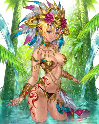 Rule 34 | 1girl, absurdres, animal ears, blonde hair, blue eyes, bracelet, breasts, cleavage, collar, collarbone, contrapposto, cowboy shot, day, fake horns, feathers, forest, headdress, highres, horned headwear, horns, jewelry, leg tattoo, looking at viewer, looking to the side, medium breasts, nature, navel, necklace, outdoors, ozma, partially submerged, short hair, skull, smile, solo, standing, stomach tattoo, tattoo, tribal tattoo, wading, wet