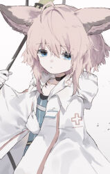 Rule 34 | 1girl, ahoge, animal ears, arknights, black choker, blue eyes, blue shirt, brown hair, choker, closed mouth, collarbone, commentary, gloves, gradient background, grey background, hair between eyes, jacket, looking at viewer, open clothes, open jacket, shirt, solo, sussurro (arknights), unitedunti, white gloves, white jacket