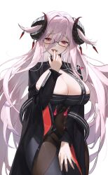 Rule 34 | 1girl, absurdres, azur lane, black-framed eyewear, black horns, breasts, cleavage, covered navel, cowboy shot, curled horns, finger to mouth, forward facing horns, friedrich carl (azur lane), hair between eyes, hair ornament, highres, horn ornament, horns, huge breasts, jojo xiuxian, long hair, long sleeves, looking at viewer, mature female, mole, mole under mouth, open mouth, pink hair, purple eyes, rectangular eyewear, semi-rimless eyewear, simple background, solo, very long hair, white background