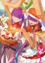Rule 34 | 2girls, apron, belt, blue eyes, blunt bangs, blush, breasts, brooch, brown shirt, cake, cleavage, closed eyes, dual persona, fate/grand order, fate (series), food, fur trim, gauntlets, hair ribbon, hat, jewelry, large breasts, long hair, long sleeves, looking at viewer, martha (fate), martha (santa) (fate), medium breasts, mittens, multiple girls, off shoulder, open mouth, pelvic curtain, pouch, purple hair, red headwear, red skirt, ribbon, santa hat, shirt, skirt, smile, staff, thighhighs, thighs, vogel, white apron