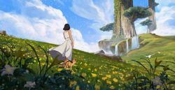 Rule 34 | 1girl, agrafl, bird, black hair, calico, cat, cloud, cloudy sky, commentary, dress, english commentary, field, flock, flower, flower field, from behind, grass, highres, landscape, long dress, nature, original, outdoors, parody, scenery, short hair, sky, solo, studio ghibli, style parody, summer, sundress, tree, very wide shot, water, white dress, wide shot