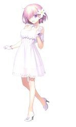 Rule 34 | 1girl, :d, absurdres, bare shoulders, choker, collarbone, craft essence (fate), dress, fate/grand order, fate (series), flower, gloves, hair flower, hair ornament, hair over one eye, heroic spirit formal dress, highres, indoors, lily (flower), looking at viewer, mash kyrielight, mash kyrielight (formal dress), official alternate costume, official art, open mouth, purple eyes, purple hair, ribbon choker, see-through, short dress, short hair, smile, solo, standing, takeuchi takashi, white dress, white gloves, white neckwear
