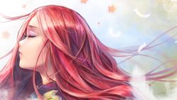 Rule 34 | 1girl, close, closed eyes, feathers, female focus, long hair, original, red hair, solo, wet elephant (artist)