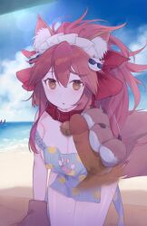 Rule 34 | 1boy, 1girl, absurdres, animal ear fluff, animal ears, animal hands, apron, bare shoulders, beach, bell, blue apron, blue sky, blush, bow, breasts, cat hair ornament, cleavage, collar, daisi gi, erection, fate/grand order, fate (series), fox ears, fox girl, fox tail, gloves, hair bow, hair ornament, handjob, hetero, highres, jingle bell, large breasts, long hair, looking at viewer, maid headdress, naked apron, neck bell, off shoulder, open mouth, paw gloves, paw print cutout, penis, pink hair, ponytail, red bow, shore, sidelocks, sky, solo focus, tail, tamamo (fate), tamamo cat (fate), tamamo cat (poolside maid) (fate), uncensored, yellow eyes