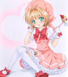 Rule 34 | 1990s (style), 1girl, :d, antenna hair, bad id, bad pixiv id, blush, bow, brown hair, cardcaptor sakura, dress, full body, fuuin no tsue, glove bow, gloves, green eyes, hat, heart, kinomoto sakura, magical girl, mary janes, open mouth, pink dress, pink hat, ren (endscape20), retro artstyle, shoes, short hair, sitting, smile, solo, thighhighs, traditional media, wand, white gloves, white thighhighs