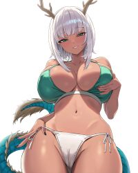 Rule 34 | 1girl, absurdres, bare shoulders, bikini, black nails, blush, breasts, commentary, commission, dark-skinned female, dark skin, dragon girl, dragon horns, dragon tail, english commentary, fingernails, from below, grabbing own breast, green bikini, green eyes, highres, horns, looking at viewer, nail polish, navel, original, short hair, side-tie bikini bottom, simple background, smile, solo, swimsuit, tail, white background, white bikini, white hair, yan.c