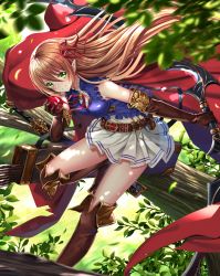 Rule 34 | 1girl, apple, arisa (shadowverse), arrow (projectile), belt, blonde hair, blue shirt, boots, bow, branch, cape, closed mouth, commentary request, elbow gloves, food, frilled shirt, frills, fruit, gloves, green eyes, hair between eyes, hair ribbon, highres, in tree, knee boots, long hair, pointy ears, ribbon, shadowverse, shirt, sitting, sitting in tree, skirt, sleeveless, sleeveless shirt, smile, solo, sword, swordsouls, tree, weapon