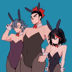 Rule 34 | 1girl, 2boys, 320 (romsen), alternate costume, animal ears, bad id, bad pixiv id, bandaid, bandaid on face, bandaid on nose, black hair, black leotard, black pantyhose, blue hair, blue hat, bow, bowtie, breasts, cleavage, clenched hand, closed eyes, closed mouth, collar, commentary, covered navel, crossdressing, detached collar, fake animal ears, fake tail, frown, hand in own hair, hat, highleg, highleg leotard, kill la kill, kinagase tsumugu, leotard, looking at another, male playboy bunny, matoi ryuuko, medium breasts, mikisugi aikurou, mohawk, multicolored hair, multiple boys, pantyhose, playboy bunny, rabbit ears, rabbit tail, red hair, red neckwear, short hair, simple background, smile, standing, streaked hair, sweatdrop, symbol-only commentary, tail, two-tone hair, white collar, wrist cuffs