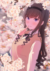 Rule 34 | 1girl, amagami, black bow, black bowtie, black hair, black hairband, blue eyes, blurry, blurry background, blurry foreground, blush, bow, bowtie, breasts, cherry blossoms, commentary request, cowboy shot, cynic (cynic2324), depth of field, drill hair, finger to mouth, flower, from side, hairband, highres, kibito high school uniform, large breasts, long hair, long sleeves, looking at viewer, morishima haruka, school uniform, shirt, sidelocks, smile, solo, upper body, white shirt