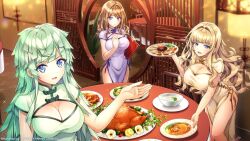 Rule 34 | 3girls, bare arms, blonde hair, blue eyes, breasts, brown hair, cleavage, cleavage cutout, clothing cutout, dolphin wave, food, green hair, highres, holding, holding tray, kirahoshi kanna, large breasts, long hair, meat, multiple girls, official art, ootomo takuji, open mouth, pelvic curtain, purple eyes, round table, selena lewis, suminoe shion, table, traditional clothes, tray, turkey (food)