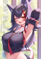 Rule 34 | 1girl, absurdres, animal ear fluff, animal ears, arm behind head, armpits, arms up, bell, between breasts, black hair, black shirt, blush, breasts, choker, crop top, deaver, detached sleeves, eyes visible through hair, fang, hair between eyes, hair ornament, highres, hololive, jingle bell, kouhaku nawa, large breasts, long hair, looking at viewer, midriff, multicolored hair, navel, necktie, necktie between breasts, one eye closed, ookami mio, ookami mio (1st costume), open mouth, red choker, red eyes, red hair, rope, sailor collar, shimenawa, shirt, short necktie, solo, streaked hair, tail, upper body, virtual youtuber, white sailor collar, wolf ears, wolf girl, wolf tail