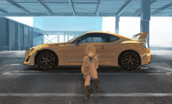 Rule 34 | 1girl, ankle boots, black footwear, black shirt, blonde hair, blue shorts, boots, brown coat, car, coat, commentary request, highres, knee up, long sleeves, looking at viewer, momo hiki, motor vehicle, original, parking lot, shirt, short hair, shorts, sitting, solo, spoiler (automobile), sports car, vehicle focus, vehicle request