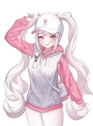 1girl absurdres alice_(nikke) alice_(sweet_home)_(nikke) animal_ear_headwear animal_ears animal_hat animal_print baseball_cap blush fake_animal_ears goddess_of_victory:_nikke hair_through_headwear hat highres hood hood_down hoodie long_hair long_sleeves looking_at_viewer official_alternate_costume open_mouth pants pink_eyes pink_hoodie pink_sleeves rabbit_hat rabbit_print sidelocks smile twintails two-tone_hoodie user_ekes5425 white_hoodie yoga_pants