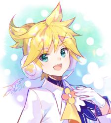 Rule 34 | 1boy, bow, bowtie, commentary, earmuffs, formal, fur-trimmed gloves, fur trim, fuzichoco, gloves, headphones, headset, highres, kagamine len, looking at viewer, magical mirai (vocaloid), magical mirai len, male focus, open mouth, short ponytail, signature, smile, solo, spiked hair, suit, upper body, vocaloid, white gloves, white suit