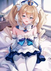 Rule 34 | 1girl, absurdres, barbara (genshin impact), bare shoulders, blonde hair, blue eyes, blush, breasts, detached collar, detached sleeves, dress, eric (tianqijiang), genshin impact, highres, long hair, looking at viewer, medium breasts, open mouth, pantyhose, smile, solo, thighs, twintails, white dress, white headwear, white pantyhose, white sleeves