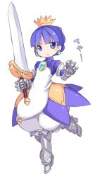 Rule 34 | 1girl, armor, blue eyes, blue hair, crown, dress, earrings, full body, gauntlets, greaves, holding, holding sword, holding weapon, jewelry, karukan (monjya), knight, short hair, simple background, solo, sword, turtleneck, weapon, white background