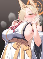 Rule 34 | 1girl, absurdres, animal ears, blonde hair, blue archive, blush, breasts, chestnut mouth, detached sleeves, fox ears, hair over one eye, hairband, halo, highres, japanese clothes, kaho (blue archive), kimono, large breasts, long hair, looking at viewer, mole, mole under mouth, nekojima, sideboob, solo, sweat, thick eyebrows, wide sleeves, yellow eyes