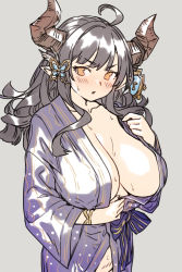 Rule 34 | 1girl, augusta (granblue fantasy), black hair, blush, breasts, breasts apart, brown eyes, draph, granblue fantasy, highres, horns, houtengeki, japanese clothes, kimono, large breasts, long sleeves, looking at viewer, no bra, no panties, pointy ears, solo, wide sleeves