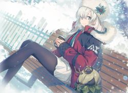 Rule 34 | 1girl, anastasia (fate), anastasia (shvibzik snow) (fate), aqua eyes, black pantyhose, blurry, christmas, chromatic aberration, coat, depth of field, doll, down jacket, dutch angle, fate/grand order, fate (series), fur-trimmed jacket, fur hat, fur trim, grey skirt, hair ornament, hat, holding, holly, holly hair ornament, jacket, long bangs, long hair, long sleeves, looking at viewer, nagu, outdoors, pantyhose, pleated skirt, red jacket, silver hair, sitting, skirt, smile, snow, snowflakes, snowing, solo, winter, winter clothes