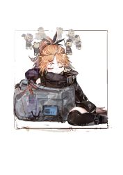 1girl, arknights, black jacket, border, brown border, crossed arms, dreaming, eyebrows visible through hair, eyes closed, feather hair, feather hair ornament, framed, half updo, highres, jacket, messy hair, mole, mole under eye, orange hair, outside border, pinecone (arknights), pipidan, ponytail, sleeping, solo, stuffed animal, stuffed toy, teddy bear, thighhighs, white background, zettai ryouiki
