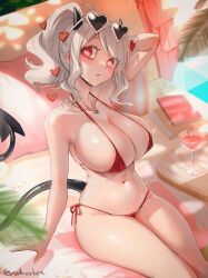 Rule 34 | 1girl, absurdres, alternate costume, alternate hairstyle, arm support, arm up, bare shoulders, beach, bikini, black horns, blush, breasts, cocktail glass, collarbone, covered erect nipples, cup, demon girl, drinking glass, eyewear on head, heart, heart-shaped eyewear, helltaker, highres, horns, jewelry, large breasts, long hair, modeus (helltaker), navel, necklace, noah (tettsui-sole), open mouth, outdoors, ponytail, red bikini, red eyes, skindentation, smile, solo, stomach, sunglasses, swimsuit, unfinished